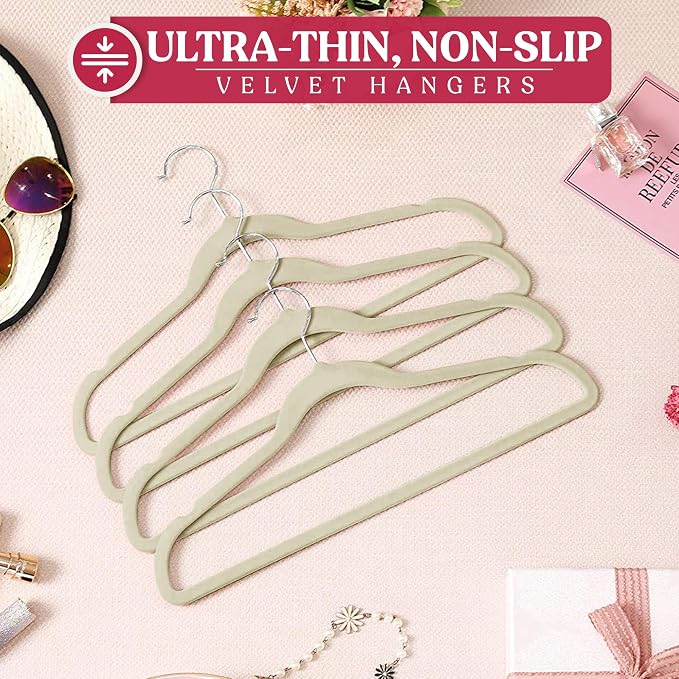 LDC Ivory Velvet Hangers 30 Pack - Premium Non-Slip Clothes Coat Pants Felt Hanger for Closet - Heavy Duty Space Saving 360° Swivel Hook Hangars - Ivory