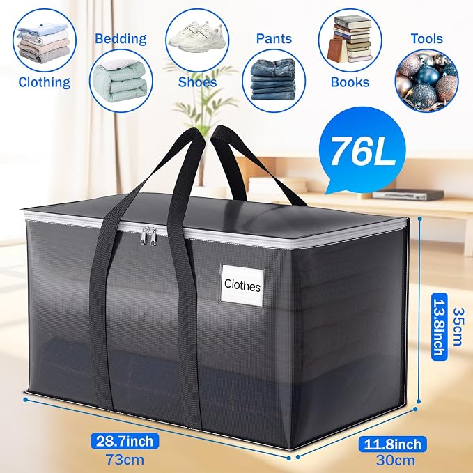 ElegantArray 10 Pack Moving Bags Heavy Duty, Moving Boxes, Storage Bags with Zipper & Handles & Tag for College & Dorm Moving Supplies Grey Laundry Hamper Bag, Foldable Space-saving Totes (76L, Grey)