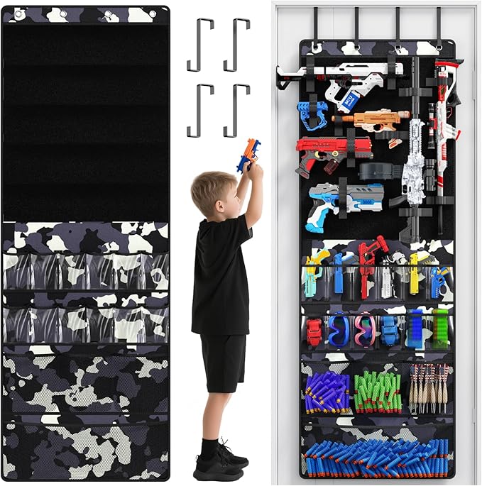 Over the Door Organizer for Toy Guns, Hanging Toy Guns Storage Organizer with Pockets and Slots for Kids Foam Blasters, Darts, Goggles, Toys Storage Door Hanger for Kids Rooms, Game Rooms, Camouflage