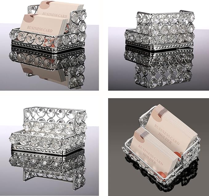 Hipiwe Crystal Business Card Display Holder for Desk with 2-Slot Organizer | Mirrored Base Business Name Cards Storage Holder for Office Countertop, Silver