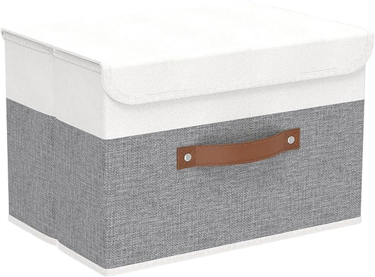 Yawinhe Storage Bins with Lids, Fabric Foldable Boxes, Washable and Leather Handle, Cube Organizer Basket for Home, Closet, White/Grey, 17.7''Lx11.8''Wx11.8''H, 1-Pack, USNK024WGX-1