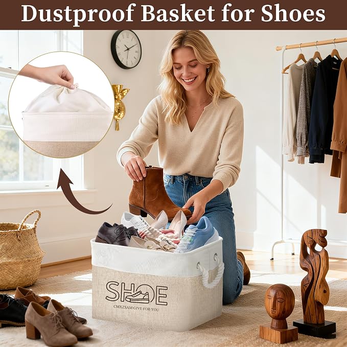 Shoe Basket Organizer, Large Capacity Fabric Entryway Shoe Storage Bin with Handle, Flodable Space-Saving Shoe Basket for Entryway, Hallway, Entryway and Mudroom