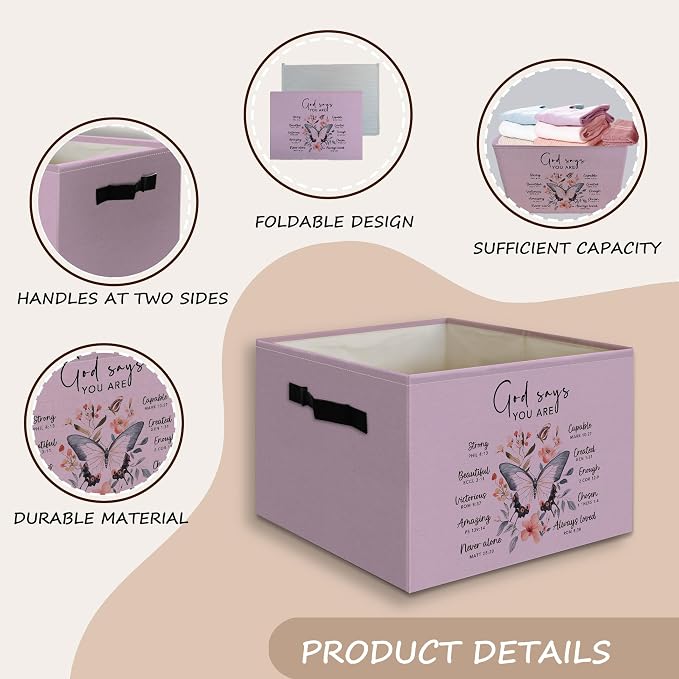 Purple Christian Foldable Basket Storage Bins Box with Handles, God Says You Are Bible Verse Butterfly Collapsible Organizer Basket for Girly Room Bedroom Bathroom Clothes Toys Books