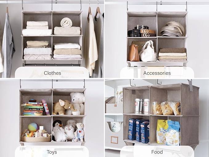 StorageWorks Hanging Closet Organizer with Metal Rod, 4-Section Closet Organizers and Storage, Collapsible Hanging Shelves for Baby Clothes, Shoes, Sweater Storage, Brown and Beige