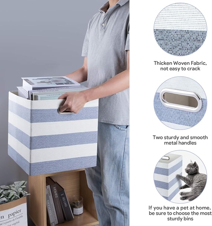 Posprica Collapsible Storage Bins,13×13 Fabric Storage Cubes Basket Containers Drawers for Nurseries,Offices,Closets (Set of 4, Blue-white Striped)