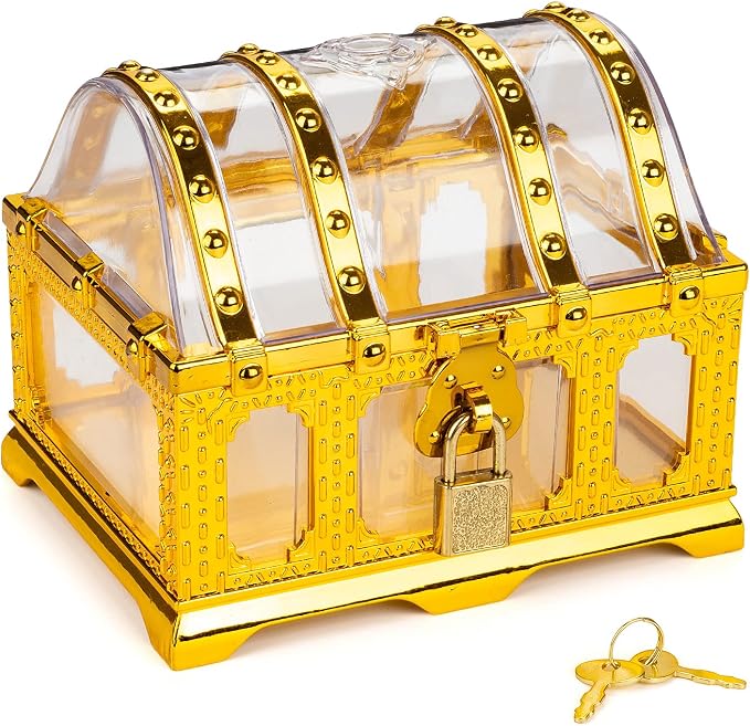 Pirate Treasure Chest for Kids Toy, Decorative Transparent Golden Pirate Chest with Lock and Key
