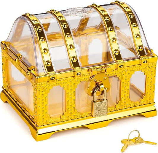 Pirate Treasure Chest for Kids Toy, Decorative Transparent Golden Pirate Chest with Lock and Key