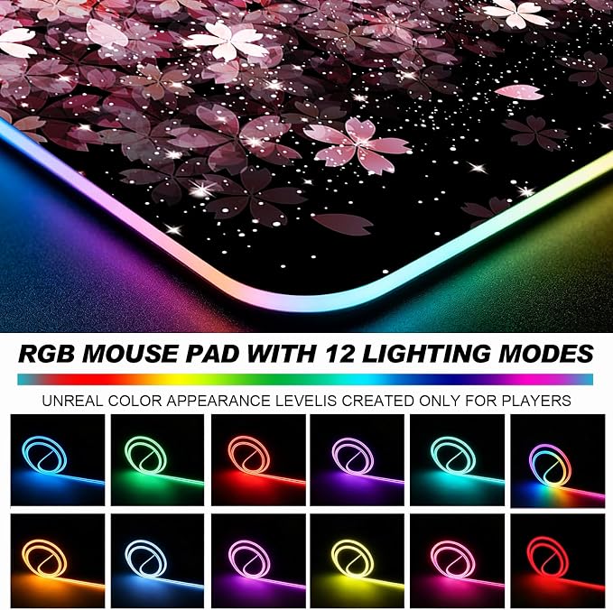 RGB Japanese Cherry Blossom Gaming Desk Mat, Computer Keyboard Large Extended Flowers LED Mouse Pad for Office and Home, 31.5×11.8 Inches, XL, Black