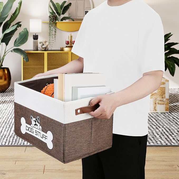 Foldable Dog Toy Box, Fabric Pet Storage, Folding Organizer Home Décor Bin with Handle, Collapsible Storage Basket for Pet Leash, Blanket, Chew Toys and Accessories, Coffee
