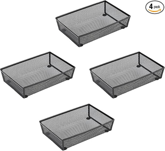 BYCY Silverware Drawer Organizer, Mesh Utensil Organizer for Kitchen Storage, Black Steel Metal Mesh Tray for Flatware Fork Spoon Knife (9x6-4P-Black)