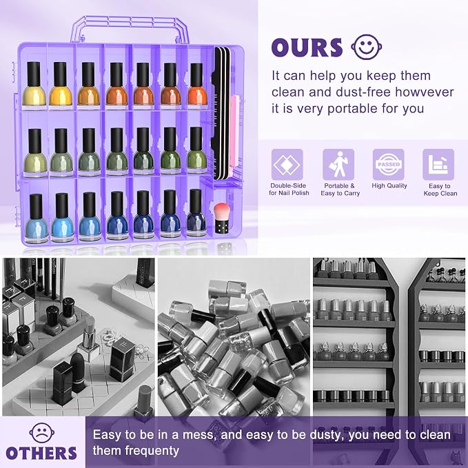 SUBAY 2 Pcs Portable Nail Polish Organizer, Clear Double Side Nail Polish Holder,Gel Nail Storage for 48 Bottles with 6 Adjustable Dividers in Each Side Space Saver Purple