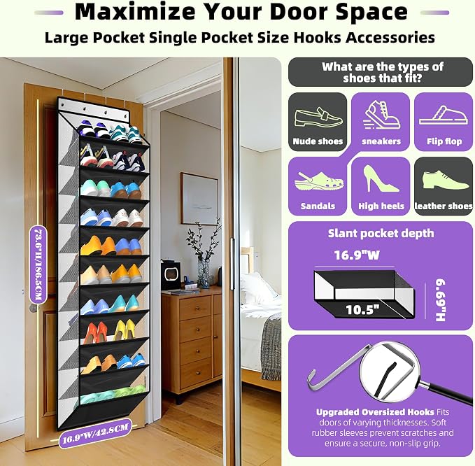 PAULONE 10-Pocket Multi-Use Over the Door Organizer, Heavy Duty 95lbs Capacity with Breathable Mesh, Versatile Hanging Storage for Shoes, Toys, Office Supplies-Classic (Piano Gloss Black, 10-Shelf,)