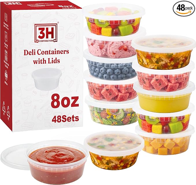 8 oz plastic containers with lids(48Set/96Pcs) BPA-Free Plastic Soup Containers with lids, Freezer Microwave Safe Small Cups for Portion Condiment Dipping Sauce, Salad Dressing