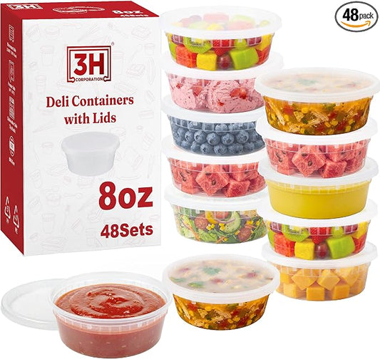 8 oz plastic containers with lids(48Set/96Pcs) BPA-Free Plastic Soup Containers with lids, Freezer Microwave Safe Small Cups for Portion Condiment Dipping Sauce, Salad Dressing