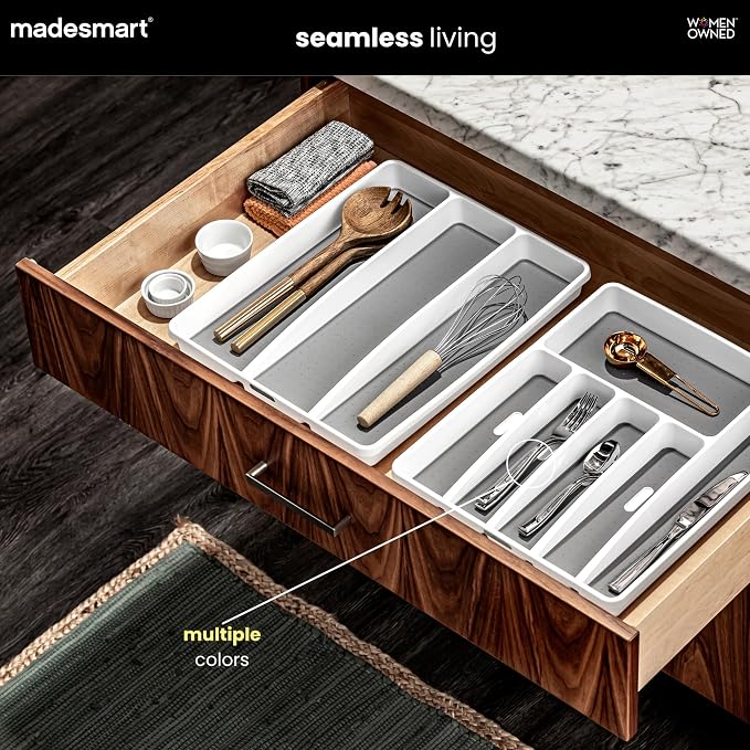 madesmart Premium Silverware Tray, 6 Compartment Flatware Organizer for Forks, Knives & Spoons, Non Slip, Soft Grip Lining, Durable Drawer Organizer, Black