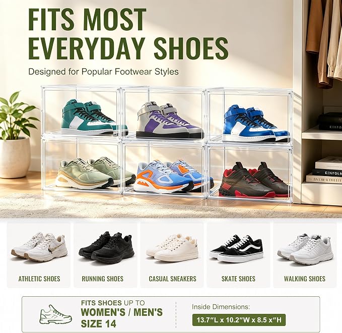 12 Clear Acrylic Shoe Box,Stackable Organizer for Everyday Footwear | Fits size 14 sneakers,casual shoes and athletic footwear.Clear acrylic design with magnetic door & dustproof storage. 12 Pack