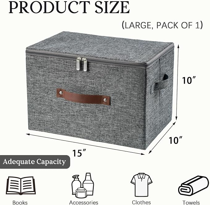 Storage Bins with Zipper Lid Foldable Fabric Lidded Storage Boxes Baskets Cubes Washable Collapsible PU Leather Handle Cotton Linen Fabric Shelf Closet Organizer Container(Gray, Large Size)