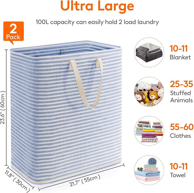 Lifewit 2 Pack Laundry Basket 100L Each, Collapsible Clothes Hamper with Reinforced Handles, Freestanding Waterproof Design for Bedroom and Laundry Room, Blue 200L Total