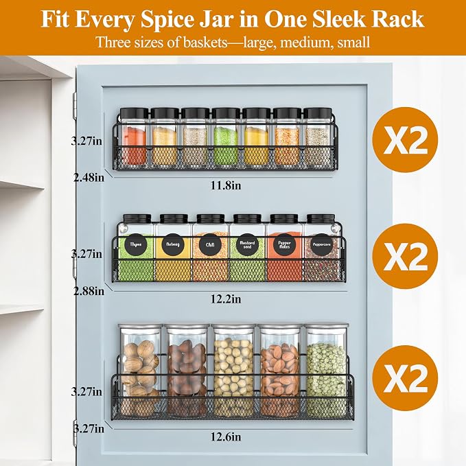 Wall Mounted Spice Rack Organizer, Pantry Door Organizer & Hanging Storage Baskets, Metal Spice Shelf for Kitchen Cabinet, 3 Depth Sizes Hold Large Jars to Nail Polish Bottles, 6 Pack
