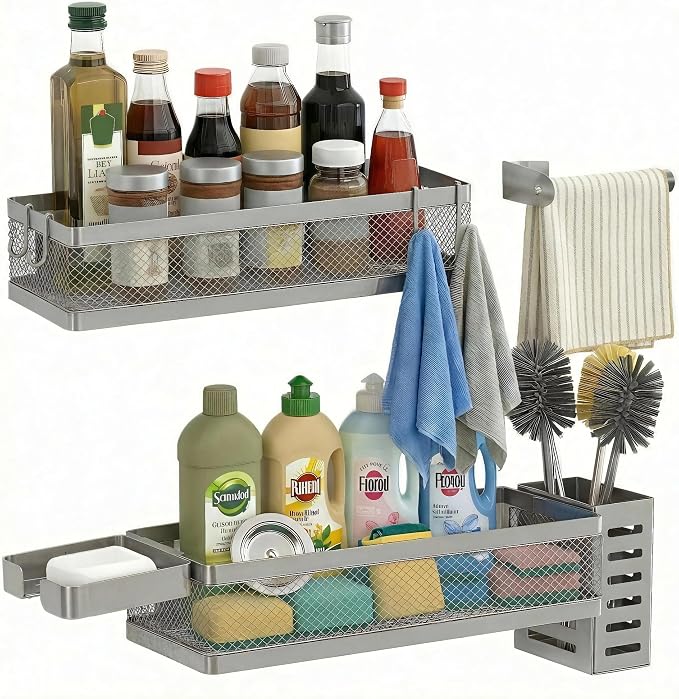 PUSDON 5-in-1 Wide Wall Mount Wrapped Mesh Kitchen Organizer & Shower Caddy Kit, with Paper Towel Holder, Utensil Holder, Soap Dish, Heavy Duty 50LBS - Silver Gray, Netting