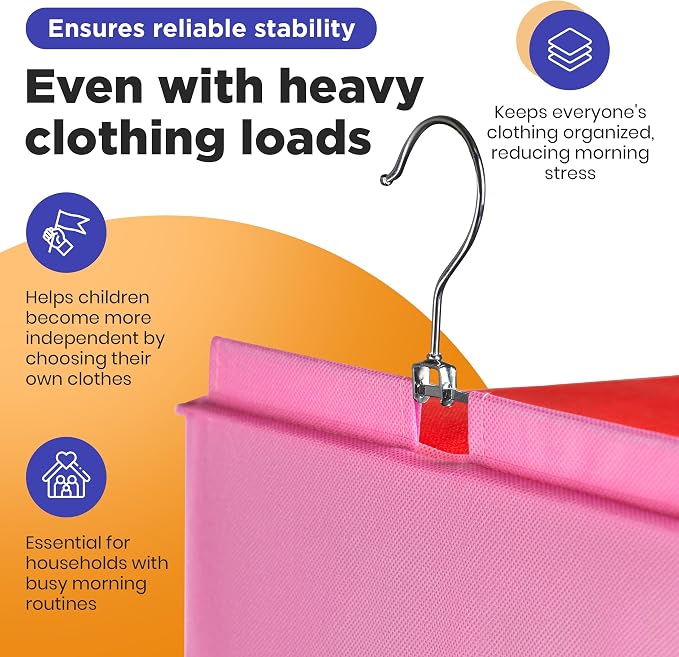 Handy Laundry Weekly Clothes Organizer for Kids, 6-Shelf Bamboo Reinforced | Days of the Week Hanging Closet Shelves, Monday Through Friday and Weekend, School Outfit Storage, Side Pockets, Pink
