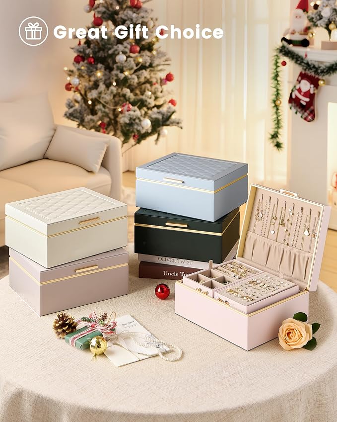 Lolalet Jewelry Box Organizer for Women Girls, 2 Layer Jewelry Organizers and Storage for Necklace Earrings Rings Bracelets, Large Jewellery Holder Case Birthday Gifts -DarkEmerald
