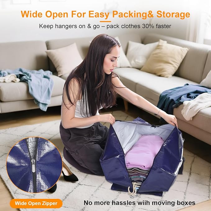 CHVEGLUZ 4 Packs Moving Bag Heavy Duty Extra Large,Storage Bags with Zipper&Handles, Sturdy&Durable Clothes Storage Bag Totes for College Dorm Essentials, Moving Boxes for College Supplies, Blue