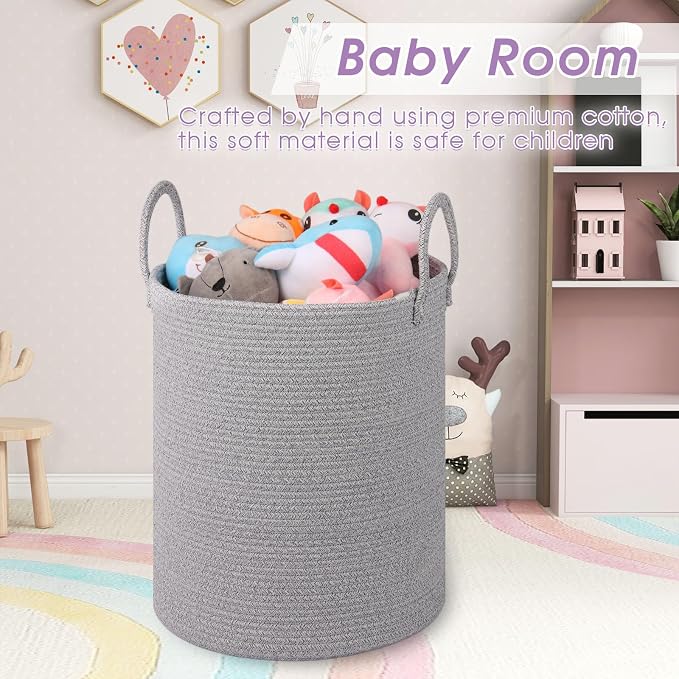 Large Laundry Basket,Laundry Hamper,15''x18'' Cotton Rope Storage Basket with Handles,Baby Hamper,Nursery Blanket Storage Living Room,Toy Basket,Kids Laundry Basket(Light Gray)