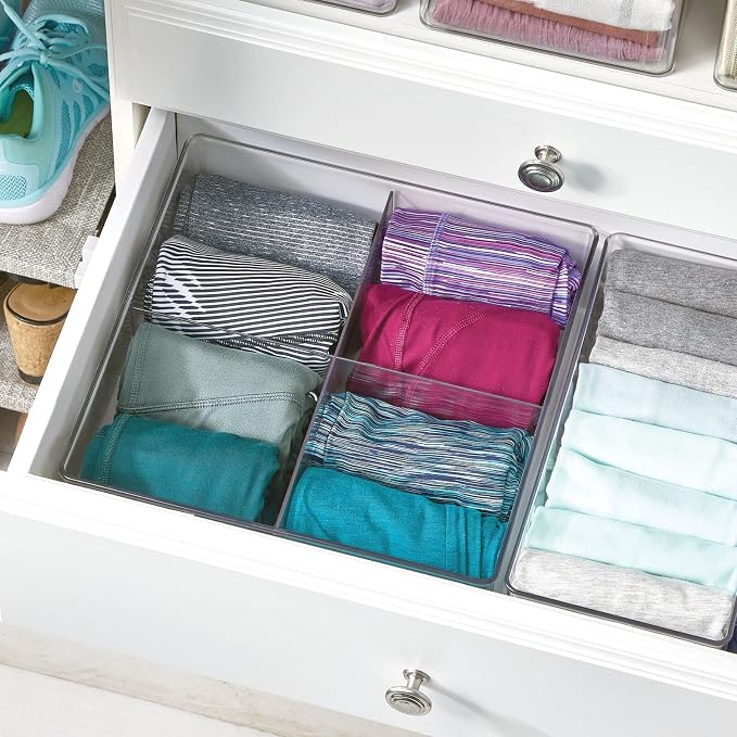 mDesign Plastic 4 Compartment Divided Drawer and Closet Storage Bin - Organizer for Scarves, Socks, Ties Bras, and Underwear - Dress Drawer Organizer, Shelf Organization - 2 Pack - Clear