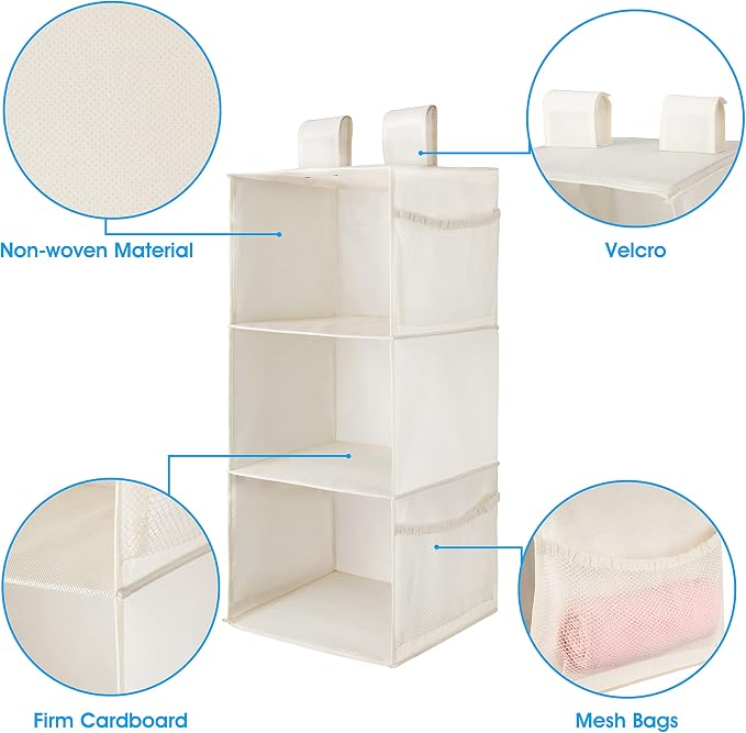 MAX Houser 3-Shelf Hanging Closet Organizer with 2 Velcro, Beige | Hanging Sweater Organizer, Foldable Hanging Shelves for Closet
