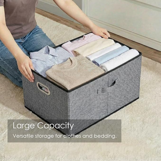 PRANDOM Storage Bins with Lids [3-Pack] Linen Fabric Foldable Storage Boxes Organizer Containers Baskets Cube with Cover for Bedroom Closet Office Grey(23.4X15.9X11.4)