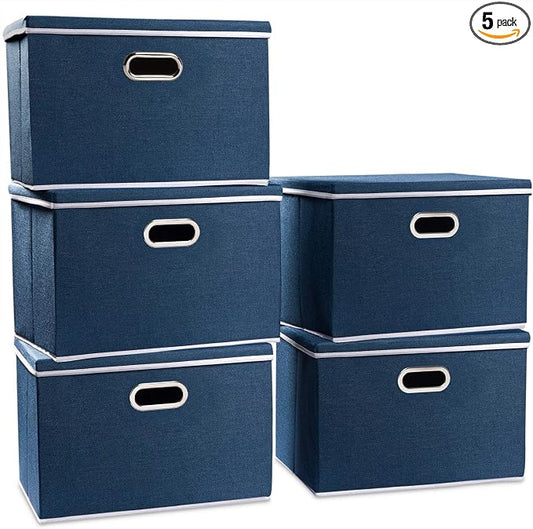 PRANDOM Large Collapsible Storage Bins with Lids [5-Pack] Fabric Foldable Storage Boxes Organizer Containers Baskets Cube with Cover for Home Bedroom Closet Office Royal Blue(17.7x11.8x11.8)