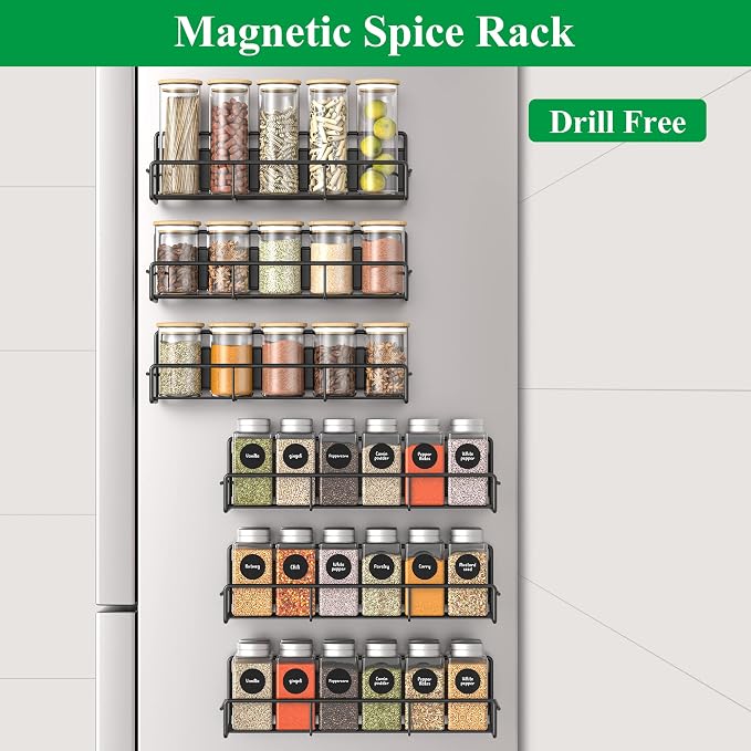 HuggieGems 6 Pack Magnetic Spice Rack Organizer for Refrigerator and Microwave Oven, Metal Fridge Shelf for Kitchen, Matt Black