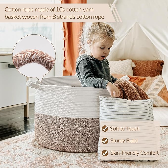 INDRESSME XXXLarge Blanket Basket for Living Room 21.7" x 21.7" x 13.8"-Storage Basket with Handle for Organizing Toy Pillows Woven Cotton Rope Laundry Basket Stuffed Animal Toy Storage for Play Room