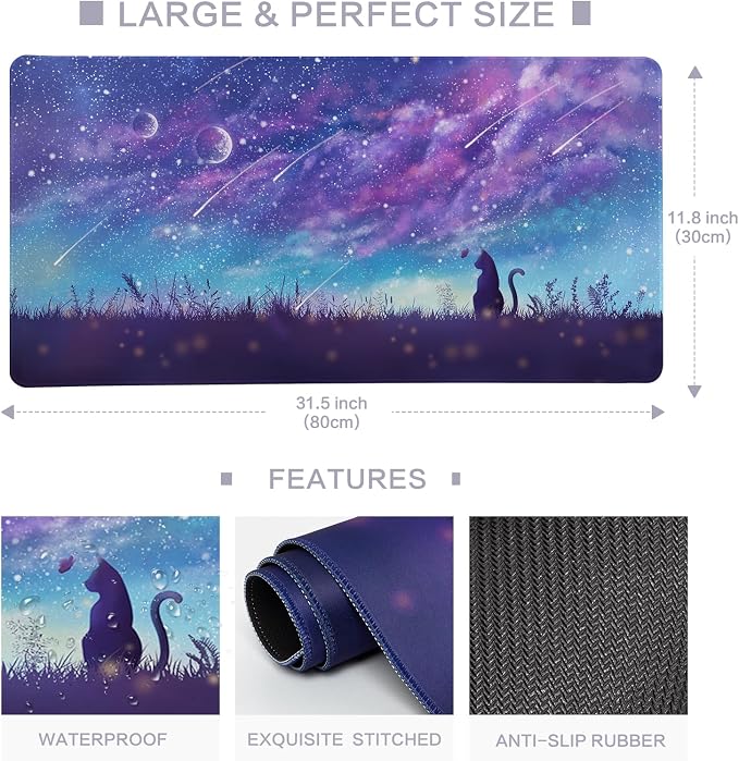 Purple Gaming Mouse Pad XL Cat Cute Desk Pad Keyboard Mat Kawaii Cat Sky Mouse Pad Blue Desk Mat Decor with Stitched Edges Non-Slip Large Computer Mat 31.5"x11.8"