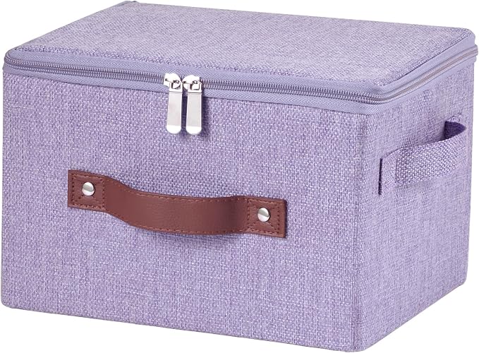 Storage Bins with Zipper Lid Cotton Linen Fabric Lidded Storage Baskets Boxes Foldable Washable Closet Shelf Clothes Organizer Container with PU Leather Handles (Purple, Small)