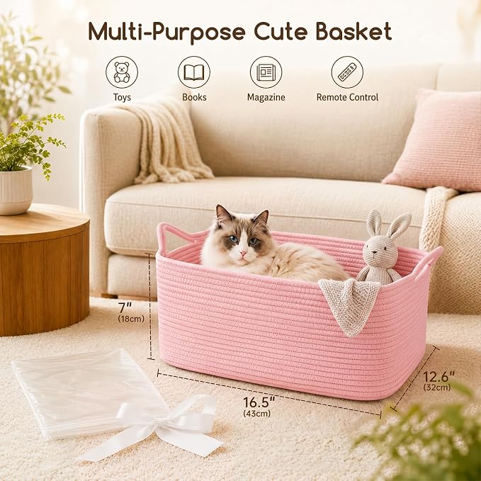 OIASKET Large Empty Cotton Rope Gift Basket with Handles, 16.5"x12.6"x7" Decorative Woven Storage Basket with Gift Bag and Ribbon Set for Baby Shower, Toy Organizer for Kids, Dogs & Cats - Pink