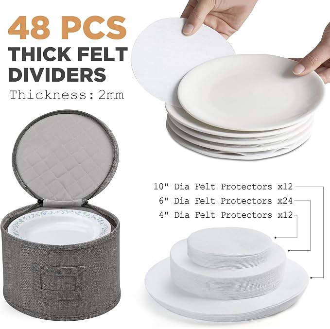 LotFancy China Storage Containers, Hard Shell, 4PCS Set, Dish Saucer Plate Storage Box for Moving, Stackable Dinnerware Organizer Bins with 48 Felt Dividers, Grey