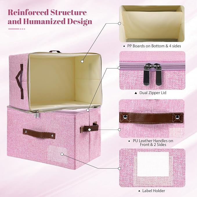 ANMINY 3PCS Storage Bins with Zipper Lid Storage Boxes with Label Holder PU Leather Handles Washable Foldable Decorative Lidded Cotton Linen Fabric Cubes Baskets Closet Organizer - Pink, Medium