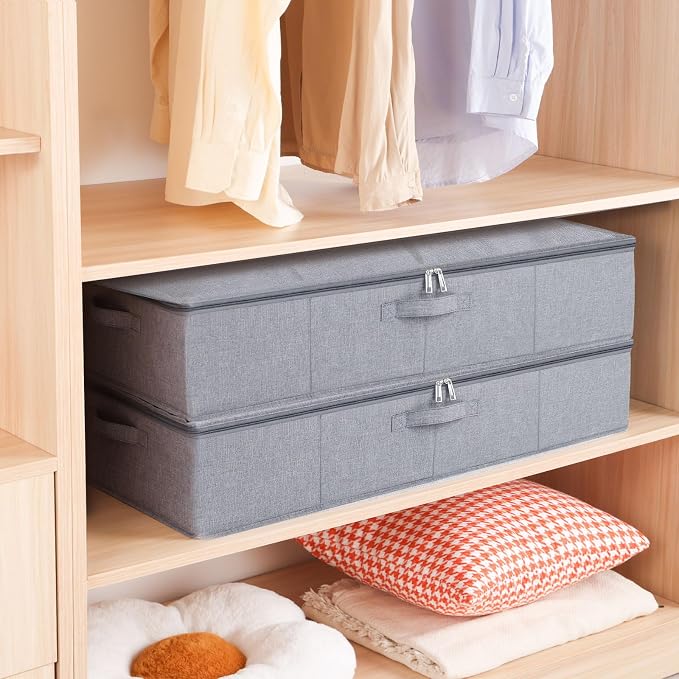 Underbed Storage Organizers, 23.6 x 11.8 x 5.9 Inch Fabric Container Bags with Lids, Storage Boxes for Blanket, Pillows, Shoes, Grey, 3 Pack