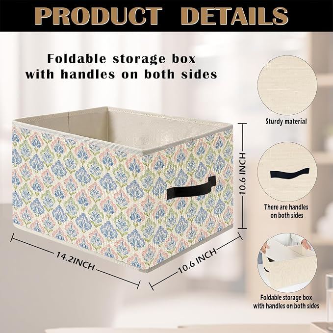 Girly Pastel Jewels Storage Bin Box with Handles, Grandmillenial Blue Green Pink Floral Cottagecore Foldable Organizer Basket Toybox for Girls Dorm Bedroom Bathroom Clothes Toys Books