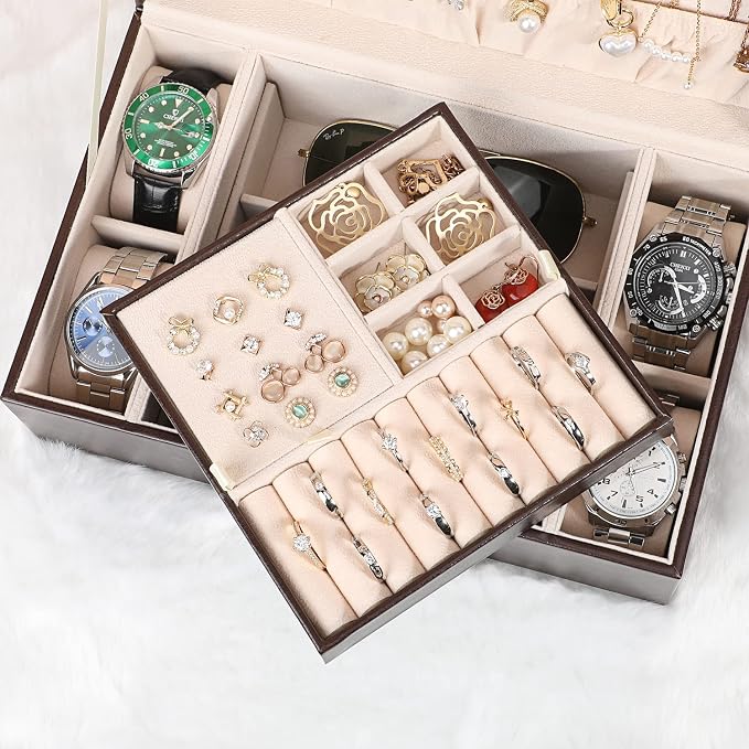LANDICI Jewelry Box Organizer for Men Women, 2 Layer 4 Slot Watch Storage Case with Removable Tray, PU Leather Large Jewellery Holder Display for Watches Sunglasses Rings Earrings Necklace, Coffee