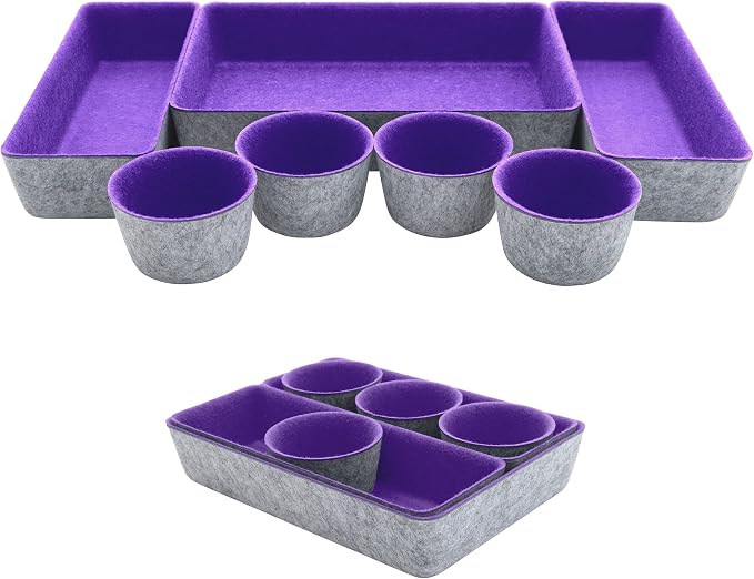 Teeo - Drawer Organizer Tray - Bathroom Drawer Storage - Purple Office Supplies Desk Accessories - Drawer Makeup Organizer - Home Office Cosmetic Bins Dividers Box Compartment - Pack of 7, Purple