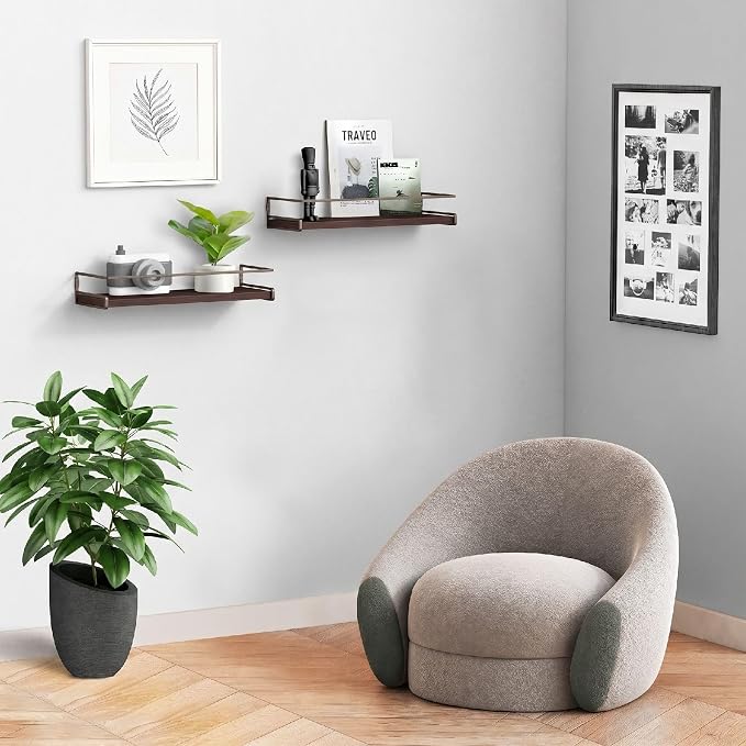 Forbena Dark Brown Kitchen Shelves Wall Mounted Set of 2, Walnut Brown Floating Kitchen Wall Shelves with Rail, Hanging Shelves for Kitchen Wall Coffee Bar (Wooden Pine Wood)