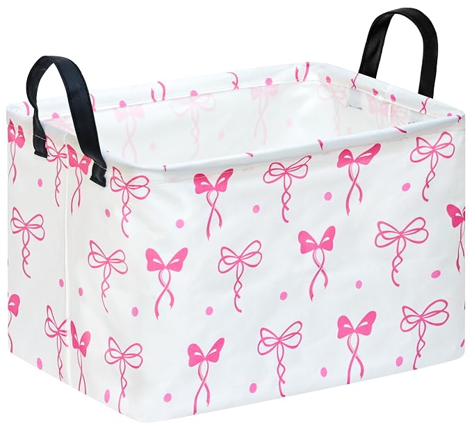 Storage Bin for Shelves Rectangle Closet Baskets Foldable Box with Handles, Pink Bowknot Storage Basket, Storage Boxes for Home Office Car Dormroom