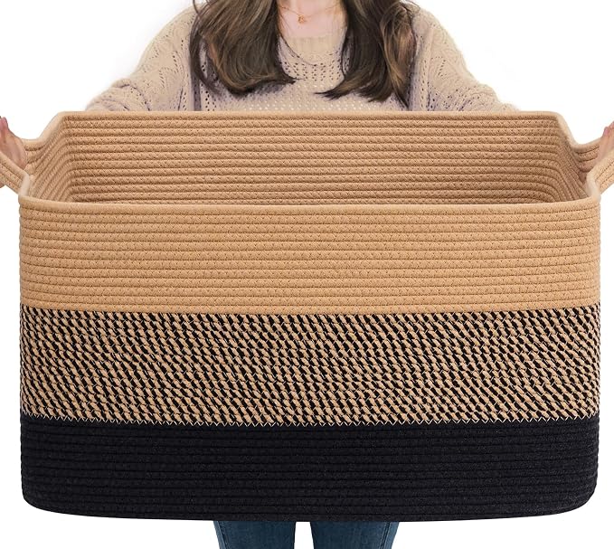 Goodpick Large Blanket Basket 22" x 17" x 12" Wicker Laundry Baskets for Organizing, Decorative Woven Rope Basket for Living Room Bedroom, Rectangle Toy Storage Baskets for Kids