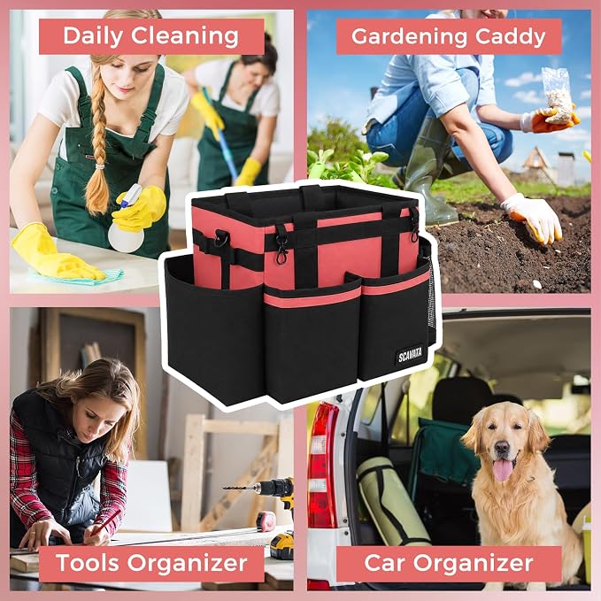 SCAVATA Compact Wearable Cleaning Caddy, Small Cleaning Supplies Organizer with Handle & Shoulder Straps for Housekeepers, under Sink & Car Cleaning Tool Organizers Bag (Coral Pink)