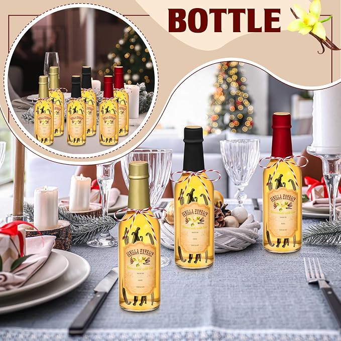 Tioncy 16 Pcs Empty Vanilla Extract Bottles for Homemade Vanilla Jar Glass Bottle with Cap, Shrink Band, Sticker DIY Crafts Wedding Gift Food Storage Canister for Bean(Black, Red, Gold,8.5 oz)