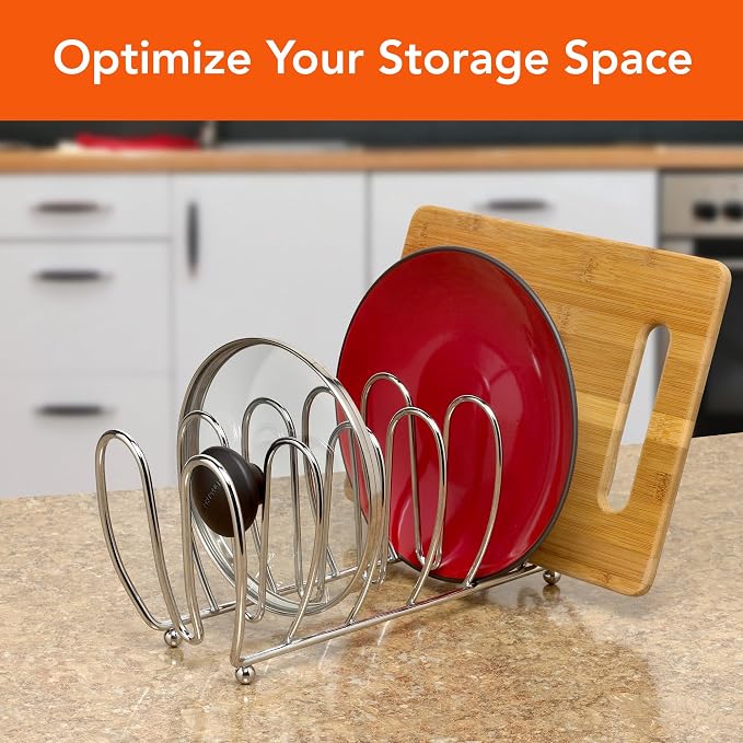 Spectrum Kitchen Cabinet Organizer Rack for Pots Pans and Lids Chrome Metal Holder for Cutting Boards Cookie Sheets and Bakeware Storage 7 Slots Cabinet Shelf Rack