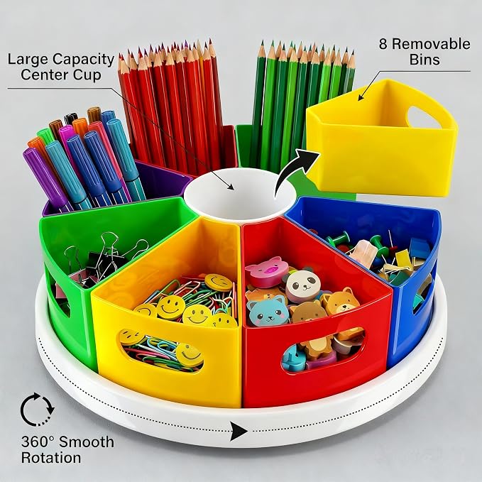 Art Supply Organizer Classroom Organization and Storage Pen Holder Desk Organizer for Marker,Crayon,Homeschool Supplies 360° Spin Art Caddy with Removable Bins, Birthday Gift for Kids 12 Inch